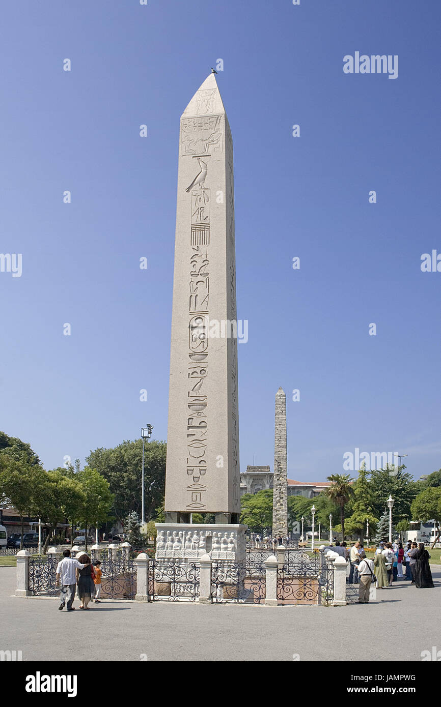 Turkey,Istanbul,Old Town,At Meydani,Egyptian obelisk,Dikilitas,town,city,metropolis,port,culture,art,space Sultanahmet,Hippodrom,stone pillar,picture signal,character,hieroglyphs,Diaglyphen,chiselled,granite,sculpture,Egyptian,historically,antique,place of interest,sky,outside,cloudless,people,tourists,tourism,sculpture, Stock Photo