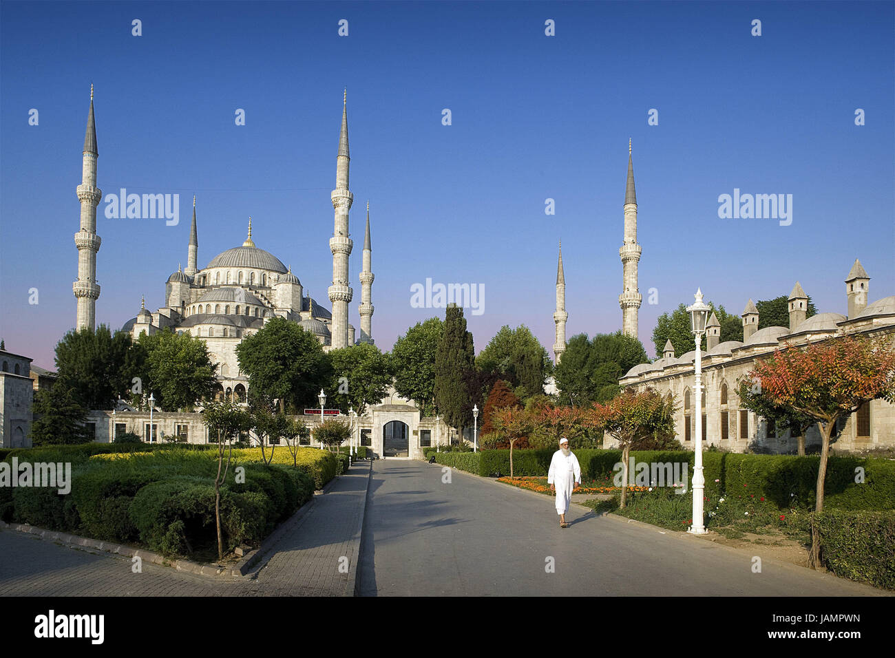 Turkey,Istanbul,sultan Ahmet Camii,'blue mosque',passer-by,no model release,town,city,metropolis,port,culture,faith,religion,Islam,structure,historically,architecture,church,sacred construction,Sultan-Ahmet-Camii,sultan's Ahmed's mosque,mosque,domed building,towers,landmarks,places of interest,minarets,domes,outside,trees,people,heavens,blue,cloudless, Stock Photo