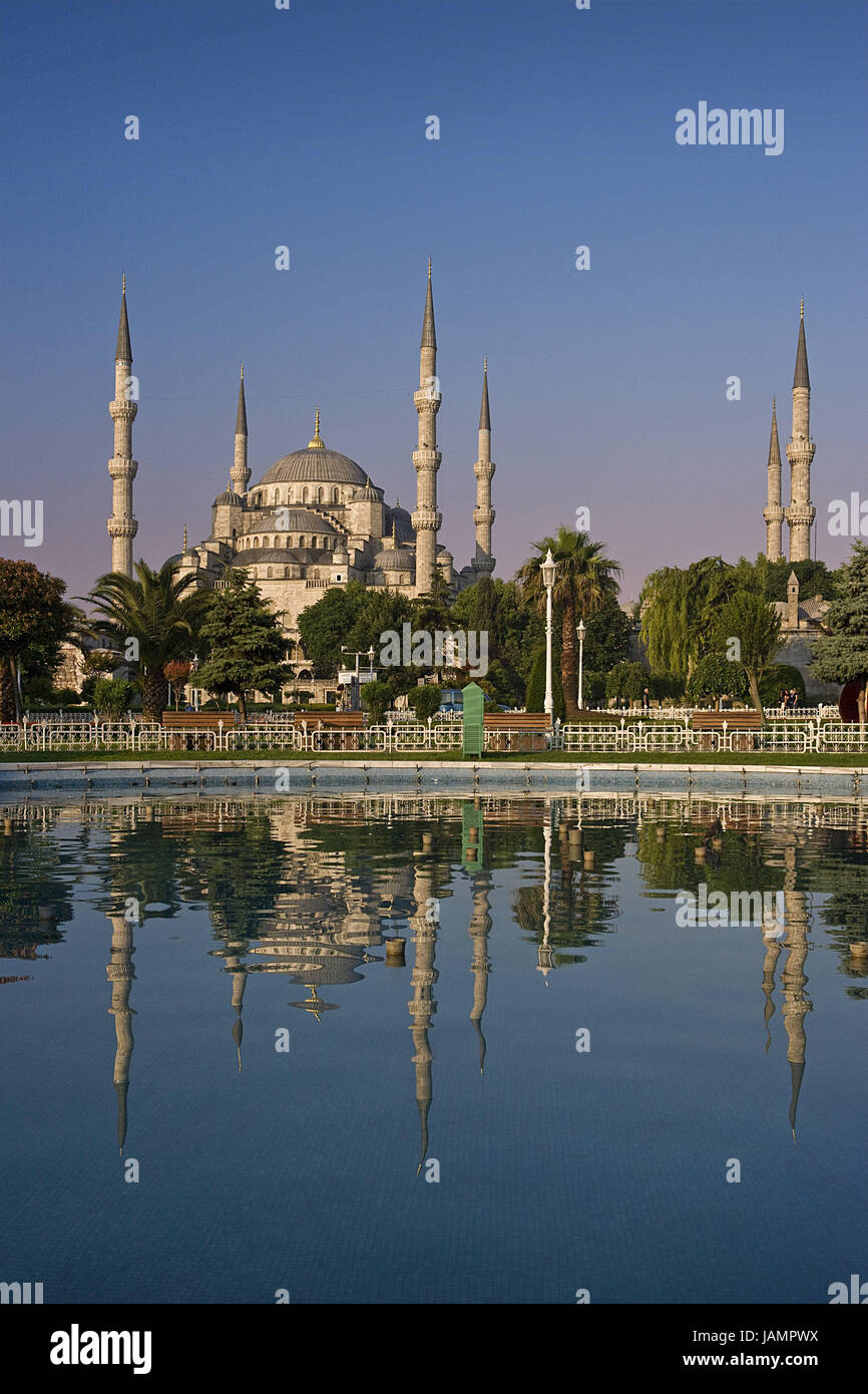 Turkey,Istanbul,sultan Ahmet Camii,'blue mosque',mirroring,water surface,town,city,metropolis,port,culture,faith,religion,Islam,structure,historically,architecture,church,sacred construction,Sultan-Ahmet-Camii,sultan's Ahmed's mosque,mosque,domed building,towers,landmarks,places of interest,minarets,domes,outside,deserted,palms,trees,water cymbals, Stock Photo