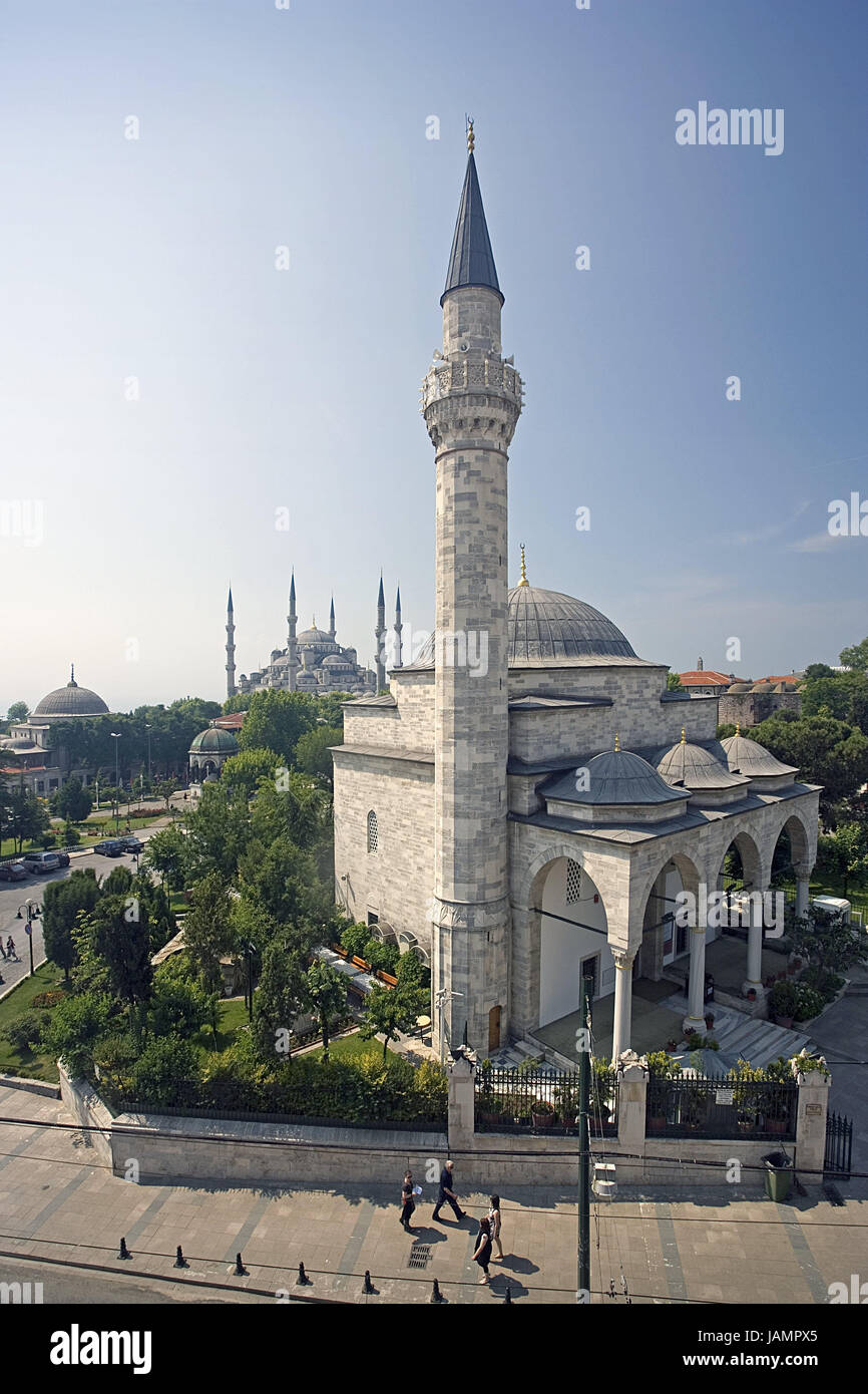 Turkey,Istanbul,Firuz Aga Mosque,sultan Ahmet Camii,'blue mosque',passers-by,town,city,metropolis,port,culture,faith,religion,Islam,structures,historically,architecture,church,sacred construction,Sultan-Ahmet-Camii,sultan's Ahmed's mosque,mosques,domed building,towers,landmarks,places of interest,minarets,domes,outside,people, Stock Photo