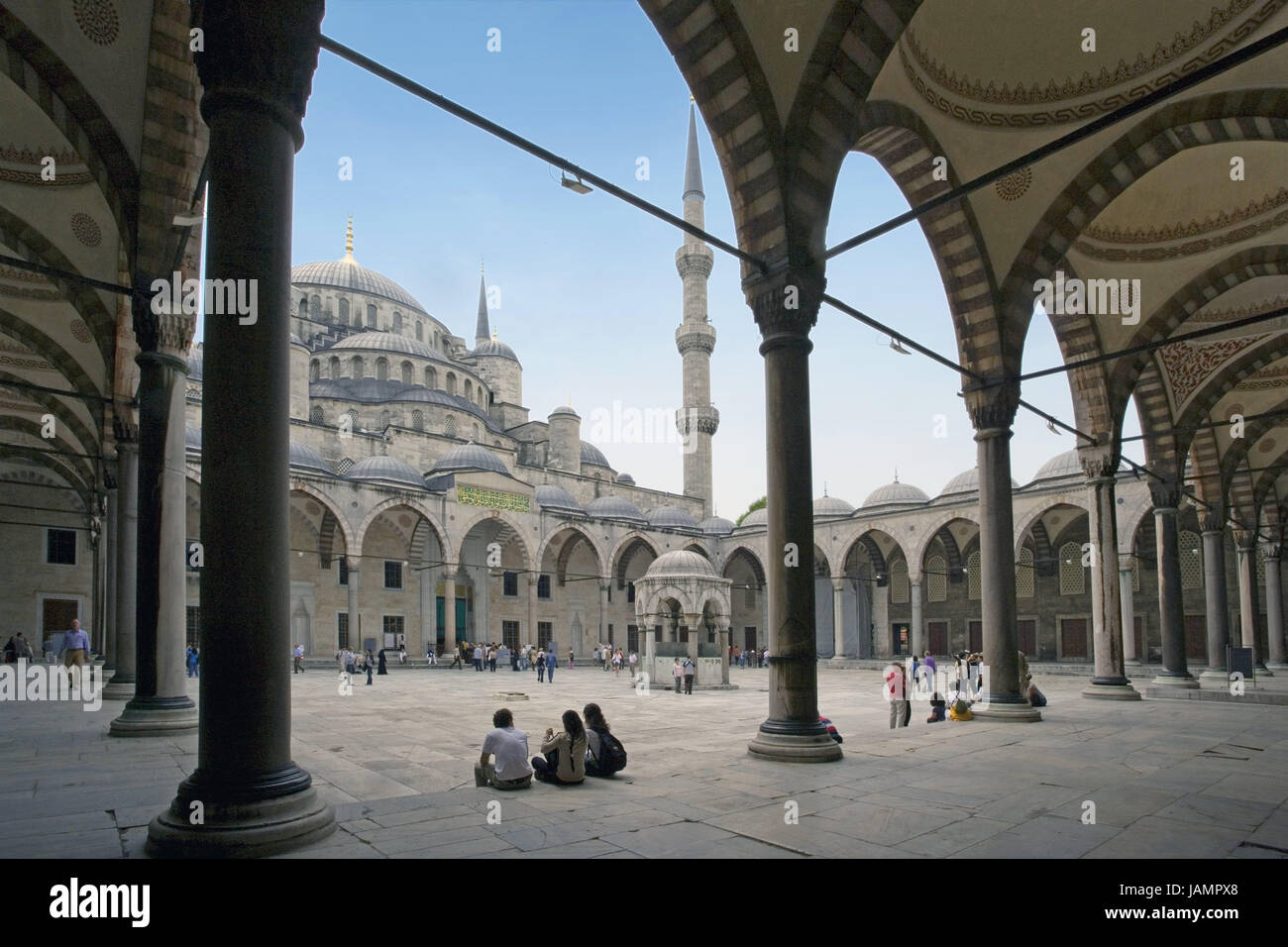 Turkey,Istanbul,sultan Ahmet Camii,inner courtyard,well,'blue mosque',tourists,town,city,metropolis,port,culture,faith,religion,Islam,structure,historically,architecture,church,Bethaus,sacred construction,Sultan-Ahmet-Camii,sultan's Ahmed's mosque,mosque,inner courtyard,atrium,mosque atrium,Avsu,arcades,cleaning wells,Sadirvan,domed building,towers,minarets,landmarks,place of interest,outside,people, Stock Photo