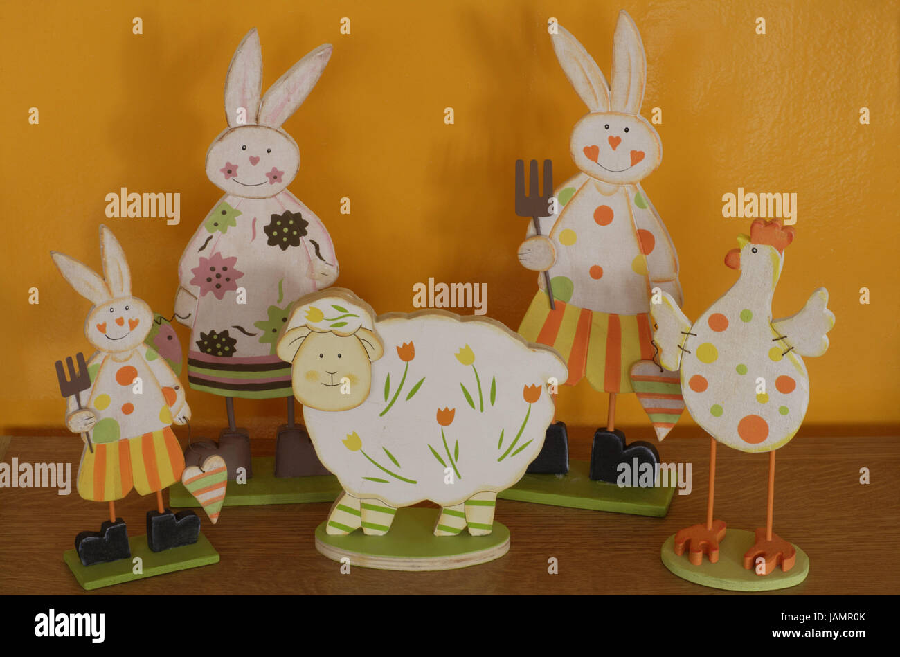 Easter decoration,wooden characters,Easter,decoration,wooden decoration,Easter jewellery,characters,woodwork,Easter bunny,Easter bunny family,paschal lamb,chicken,colourfully,brightly,hobby,season,spring, Stock Photo