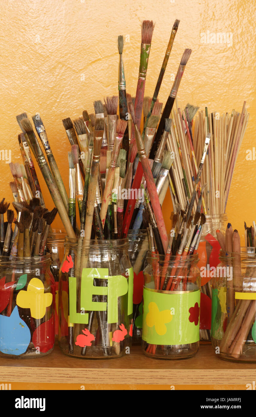 Glasses,brushes,passed away,paint painting brush,used,bristles,sizes,starches,differently,coloured pencils,pens,rods,wooden rods,woodwork,colours,brightly,leisure time,hobby,art,icon, Stock Photo