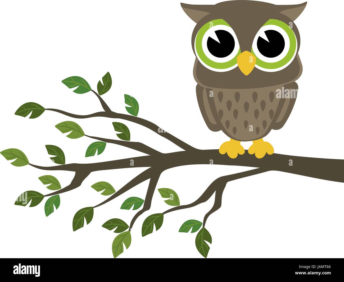 little cute owl sitting on a branch isolated on white background, vector format very easy to edit, individual objects Stock Vector