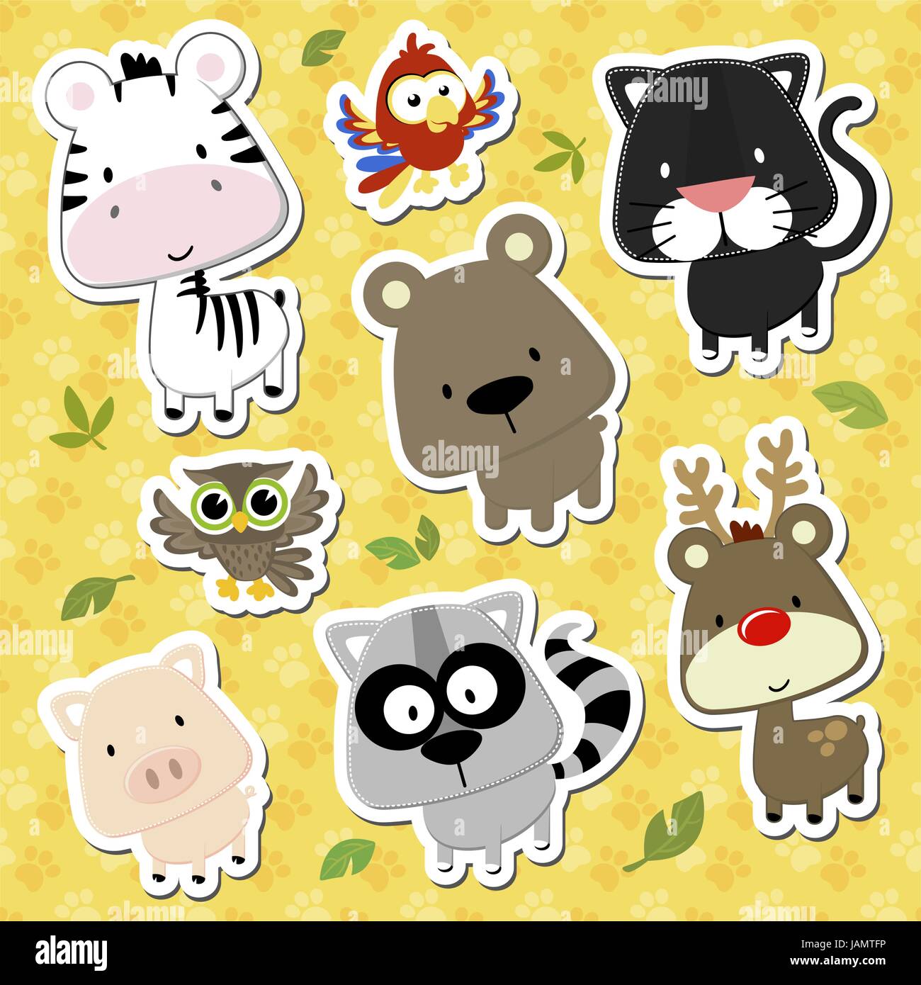 set of cute baby animals looks like stickers on seamless tracks background, in vector format very easy to edit, individual objects Stock Vector