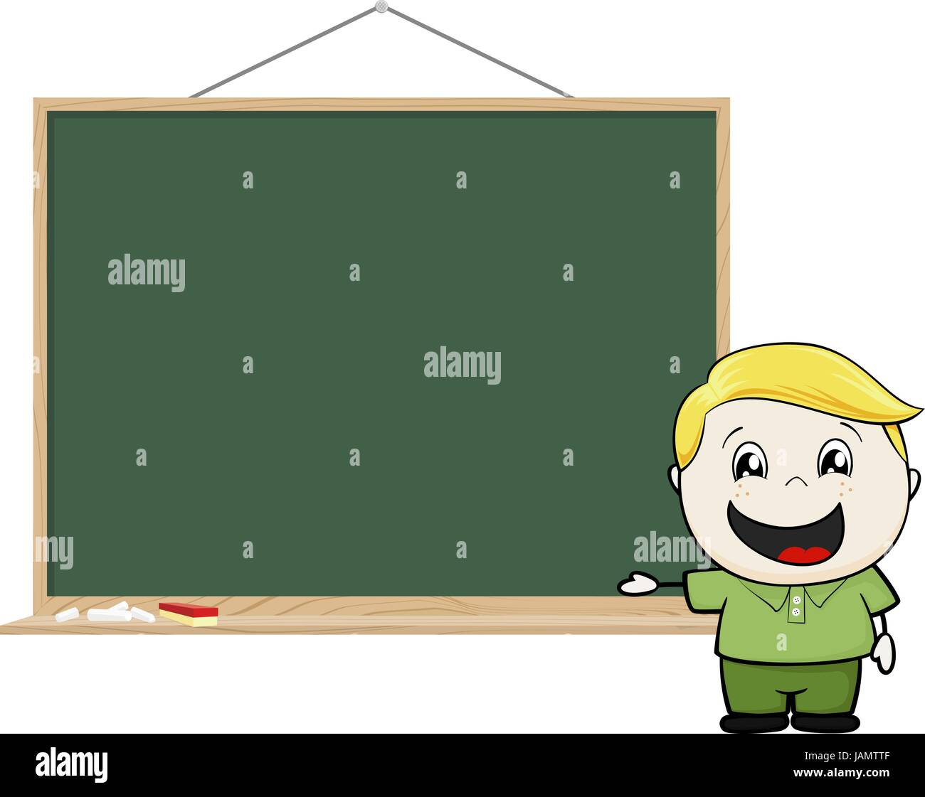 happy little child showing blank blackboard isolated on white