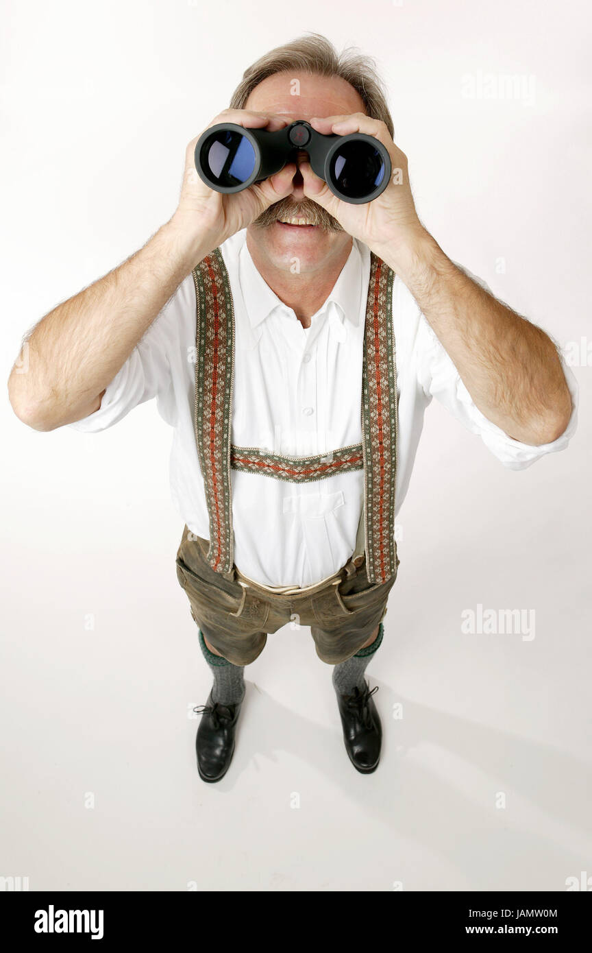 Man,stand,leather ball trousers,national costume shirt,binoculars look,studio,Bavarian,boss,person,individually,manly,Frei's plate,national costume,braces,embroidered,shirt,white,view,binoculars,view,look,hold moustache,schnauzer,knee socks,Haferlschuh,low shoes,tradition,in Bavarian,look,observe,look out,smile, Stock Photo