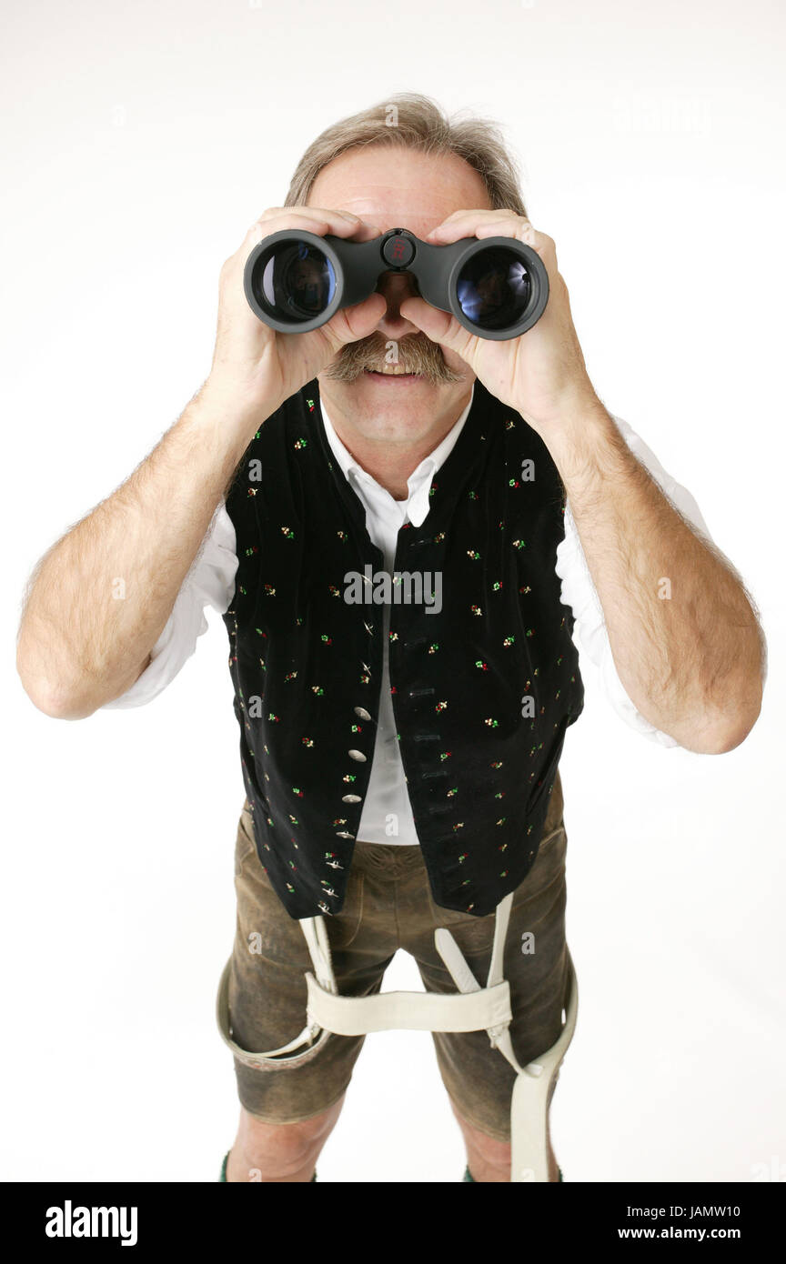 Man,stand,leather ball trousers,national costume shirt,waistcoat,binoculars look,portrait,studio,Bavarian,boss,person,individually,manly,Frei's plate,national costume,shirt,white,Trachtenweste,black,patterned,view,binoculars,look,hold moustache,schnauzer,tradition,in Bavarian,look,observe,look out,smile, Stock Photo