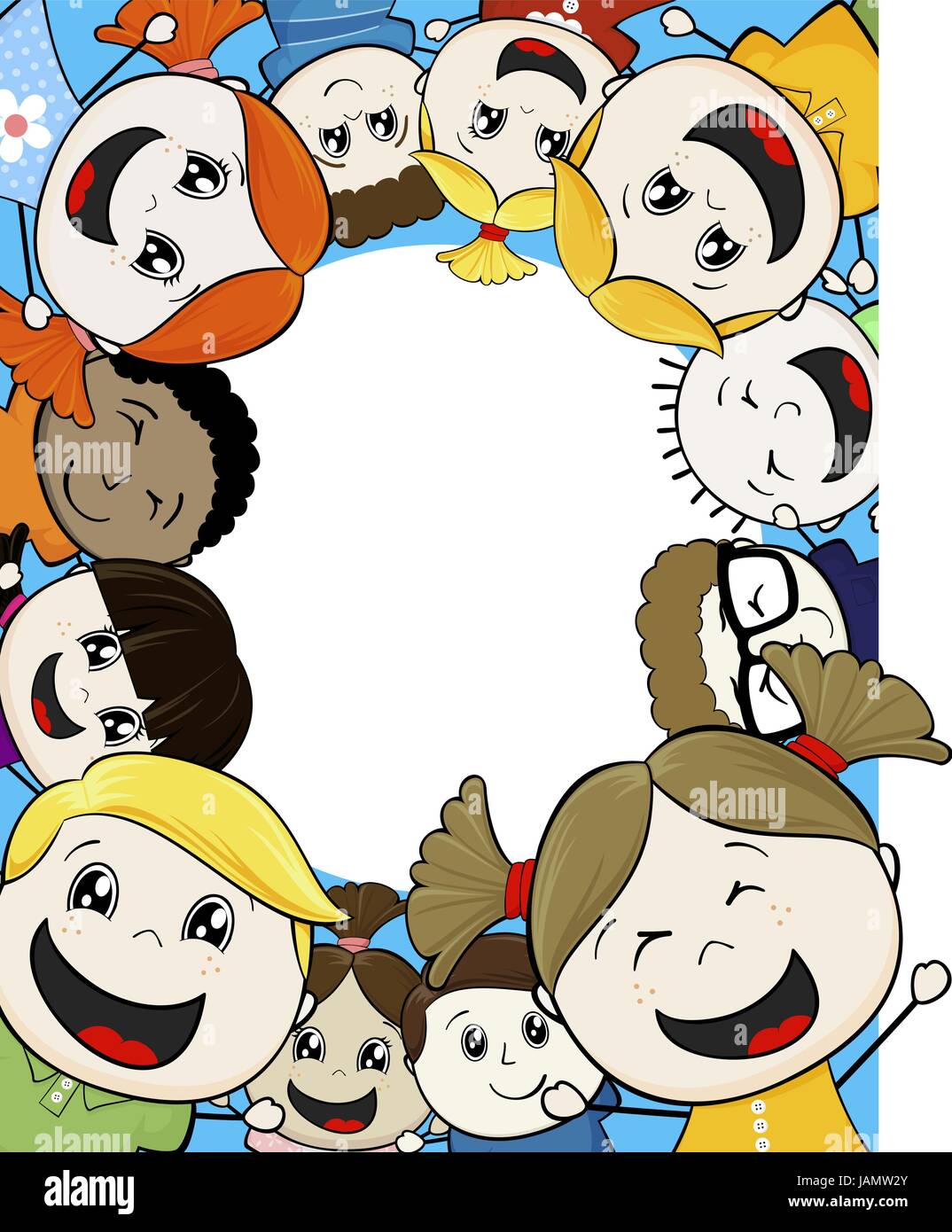 cartoon illustration group of happy childs framing copy space Stock ...