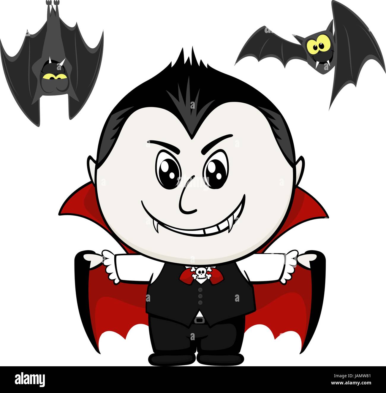 little child with vampire costume and bats isolated on white background Stock Vector