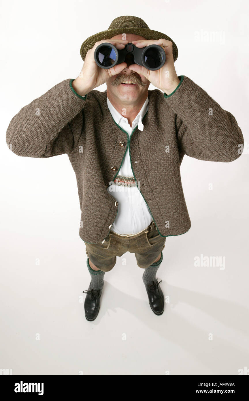 Man,stand,leather ball trousers,cardigan,care,binoculars look,studio,Bavarian,boss,person,individually,manly,Frei's plate,national costume,cord cardigan,cardigan,national costume jacket,view,binoculars,look,hold moustache,schnauzer,knee socks,Haferlschuh,low shoes,shirt,national costume hat,tradition,in Bavarian,look,observe,look out,smile, Stock Photo