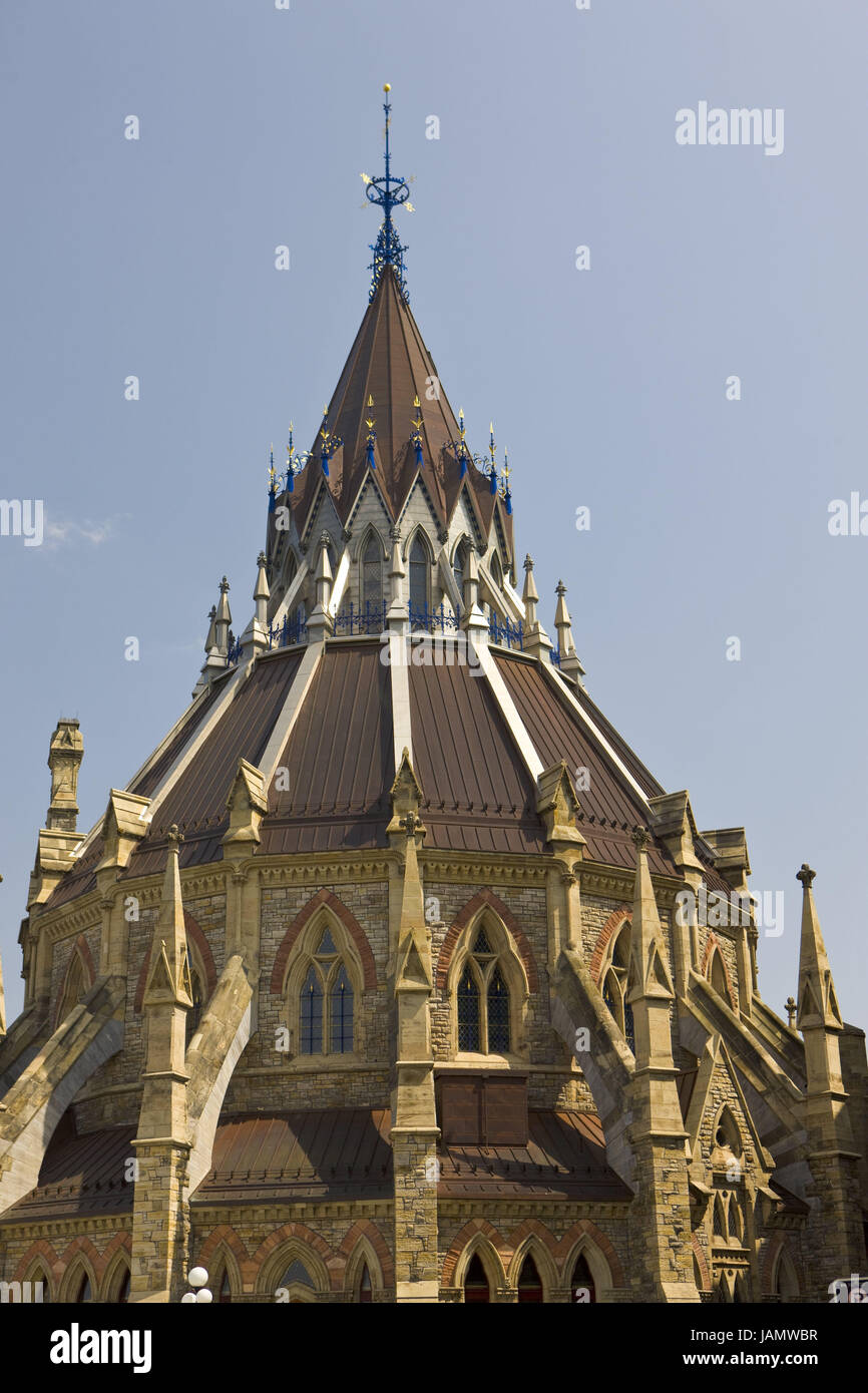 Canada,Ontario,Ottawa,Parliament Hill,parliament library,outside,medium close-up,detail,North America,town,capital,government,politics,facade,tower,place of interest,tourism,travel,building,structure,architecture,parliament,library,library building, Stock Photo
