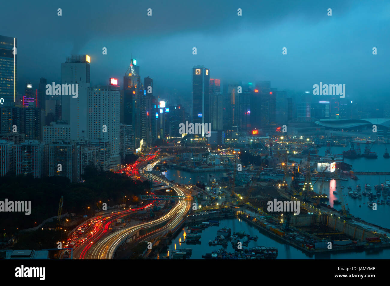 Island Eastern Corridor Motorway, Causeway Bay, and high-rises of Wan Chai and Central, Hong Kong, China Stock Photo