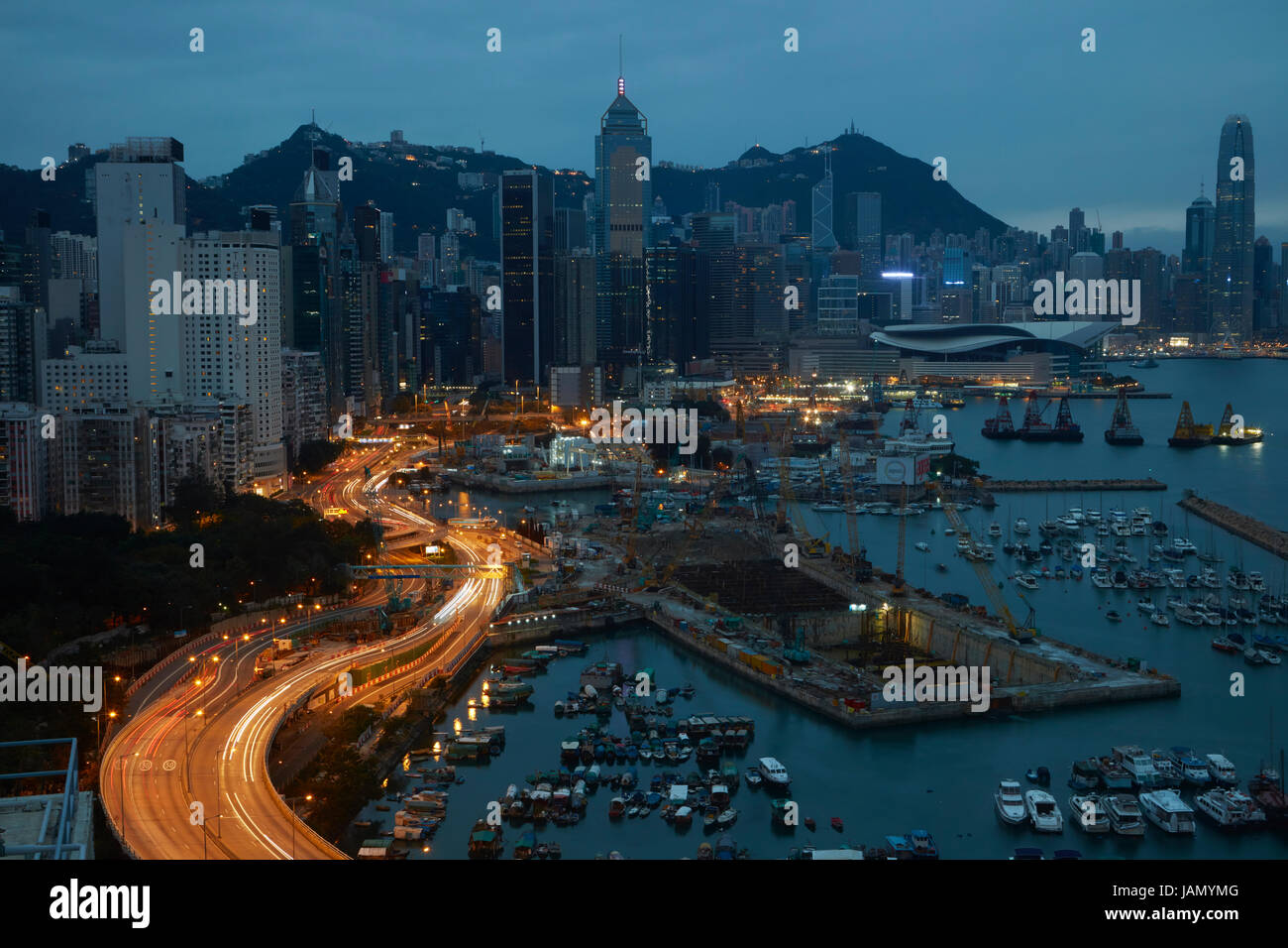 Island Eastern Corridor Motorway, Causeway Bay, and high-rises of Wan Chai and Central, Hong Kong, China Stock Photo