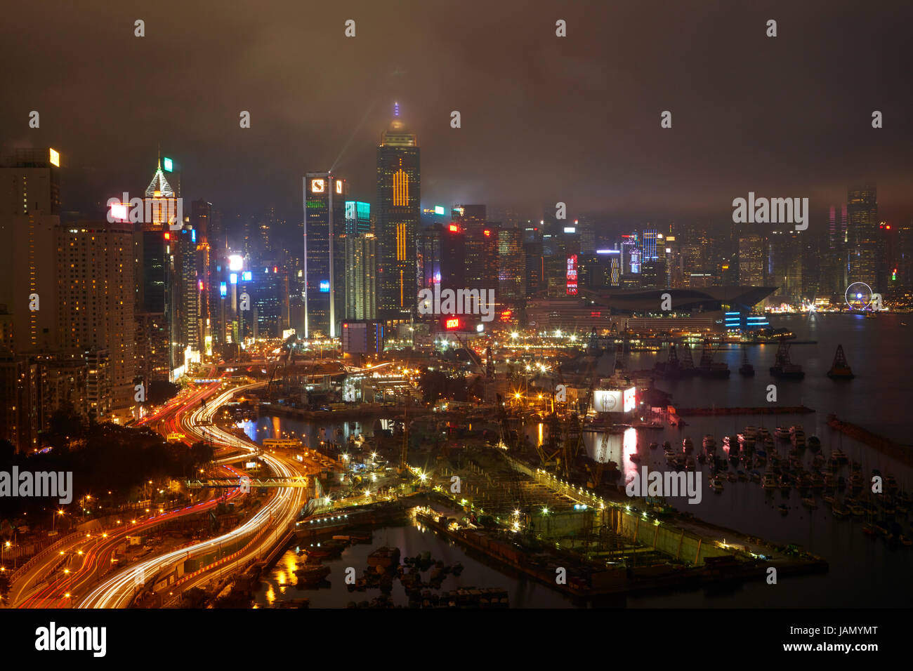 Island Eastern Corridor Motorway, Causeway Bay, and high-rises of Wan Chai and Central, Hong Kong, China Stock Photo