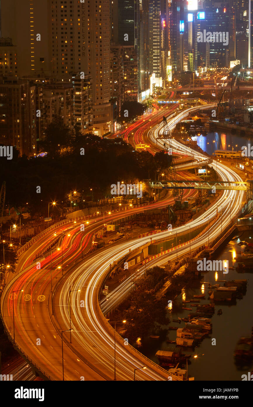 Island Eastern Corridor Motorway through Causeway Bay and  Wan Chai, Hong Kong, China Stock Photo