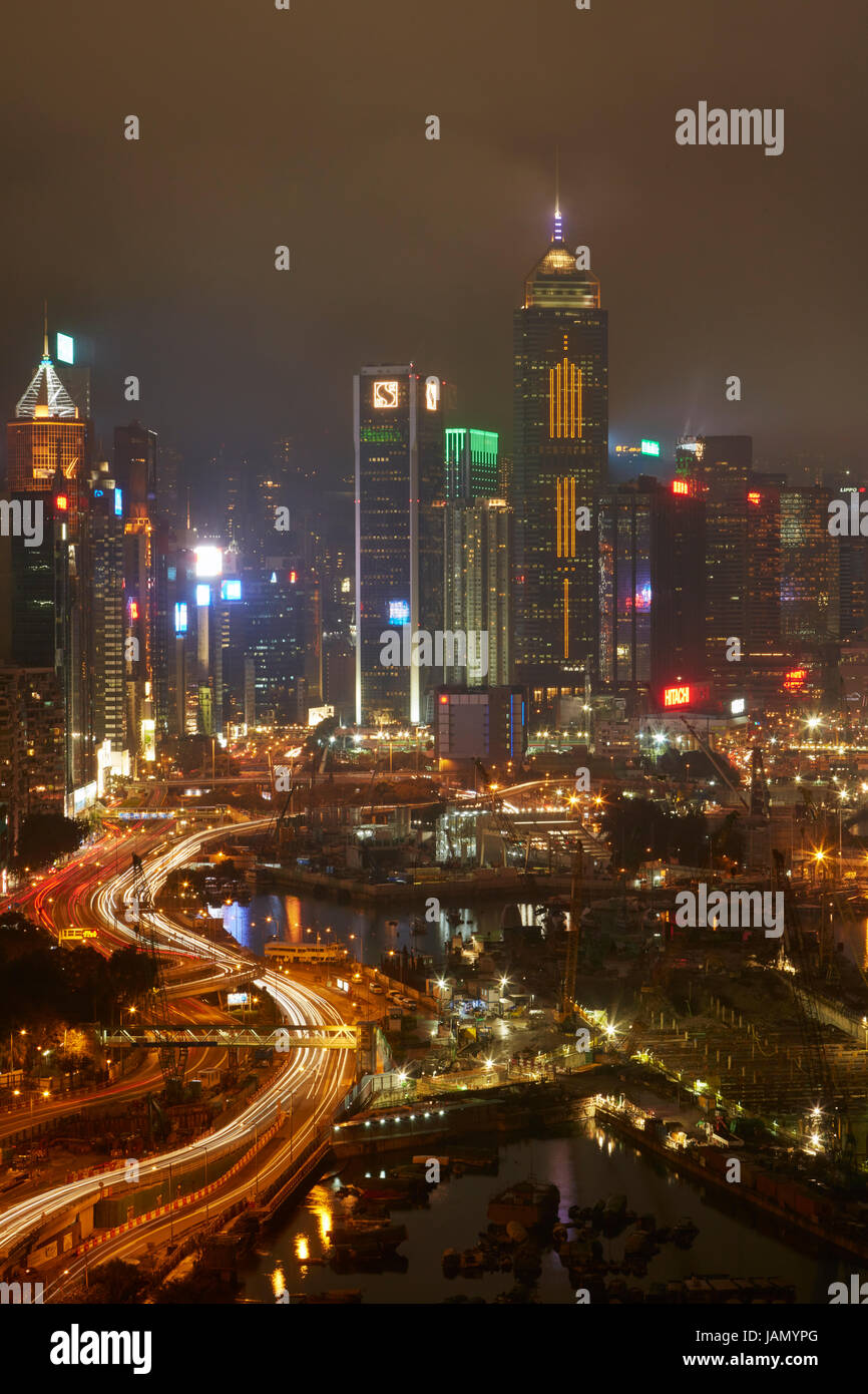 Island Eastern Corridor Motorway, Causeway Bay, and high-rises of Wan Chai and Central, Hong Kong, China Stock Photo