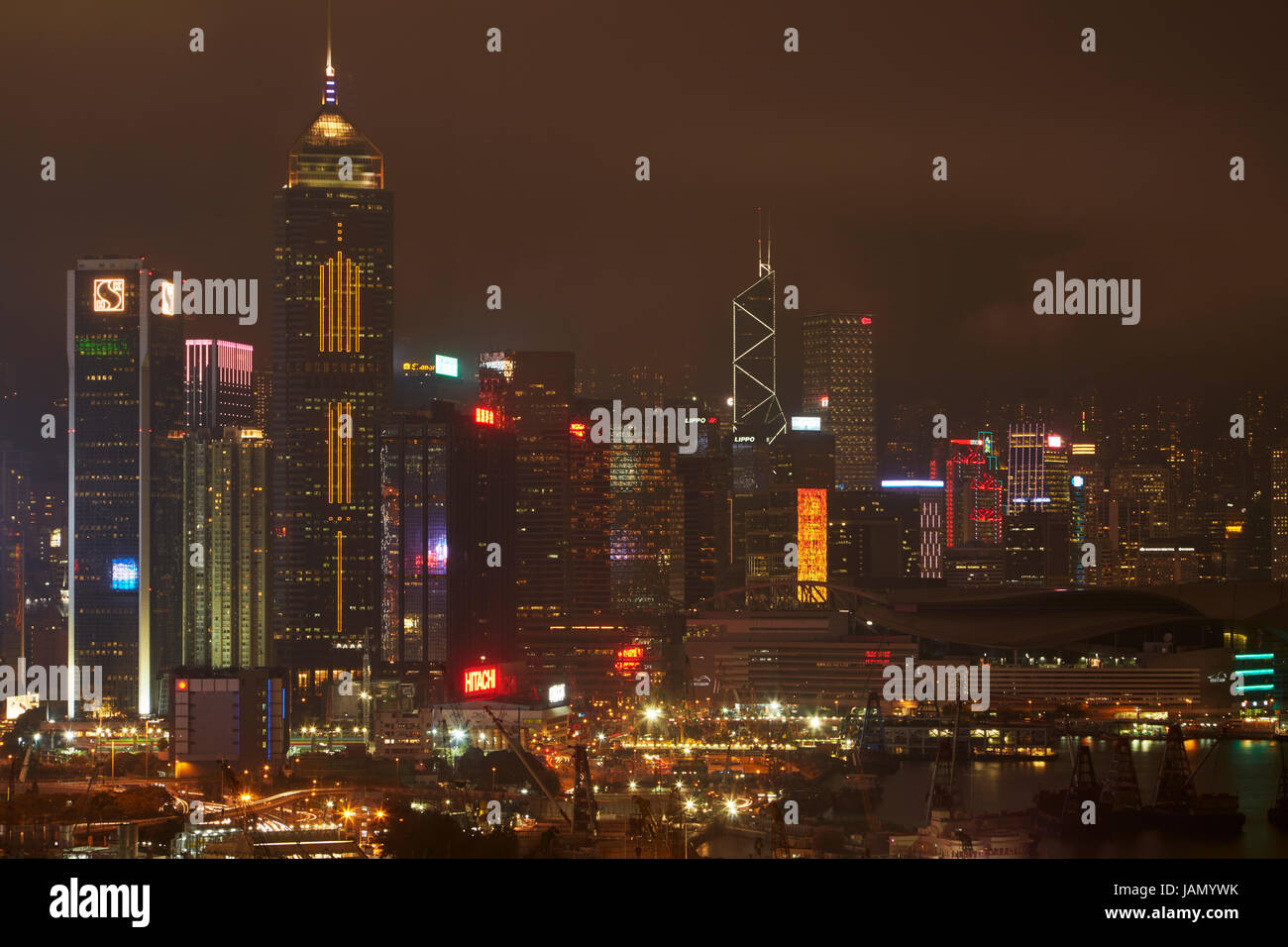 High rise buildings at night, Hong Kong Island, Hong Kong, China Stock Photo