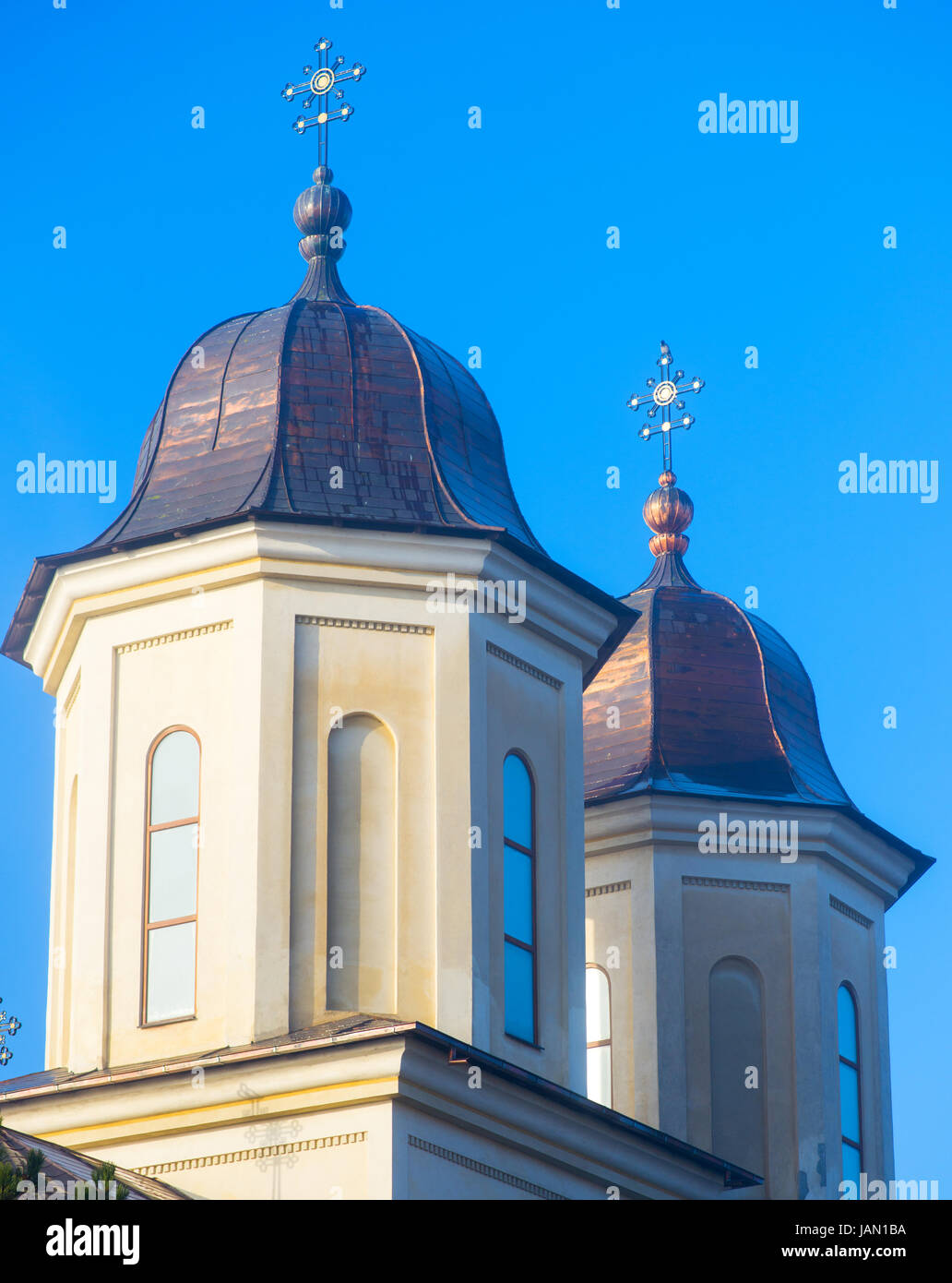 domes of the Orthodox church with crosses on blue sky background Stock ...