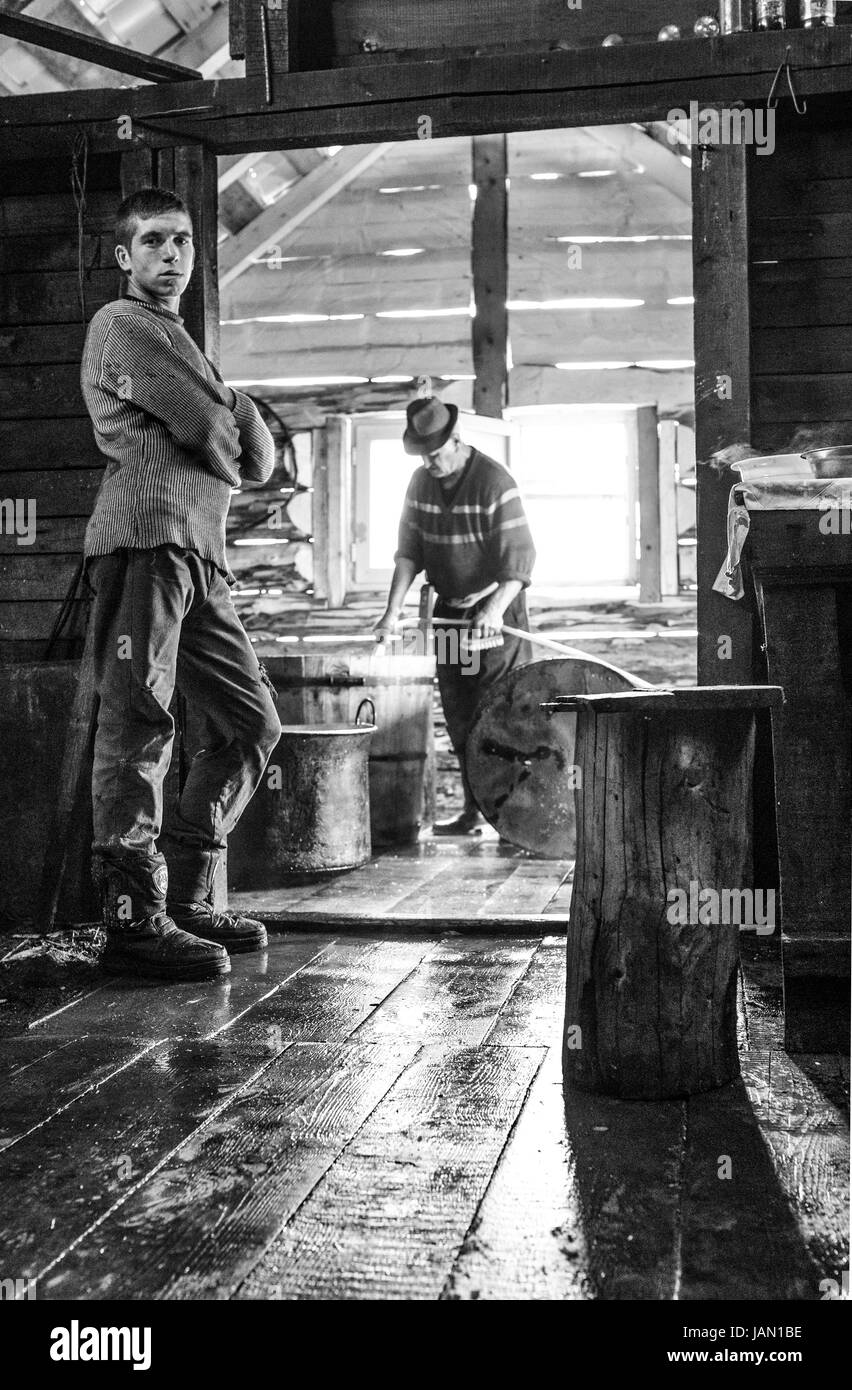 Romanian countryside, cheese makers, old traditional process, hearth  in the middle of the house. Maramures mountains. Stock Photo