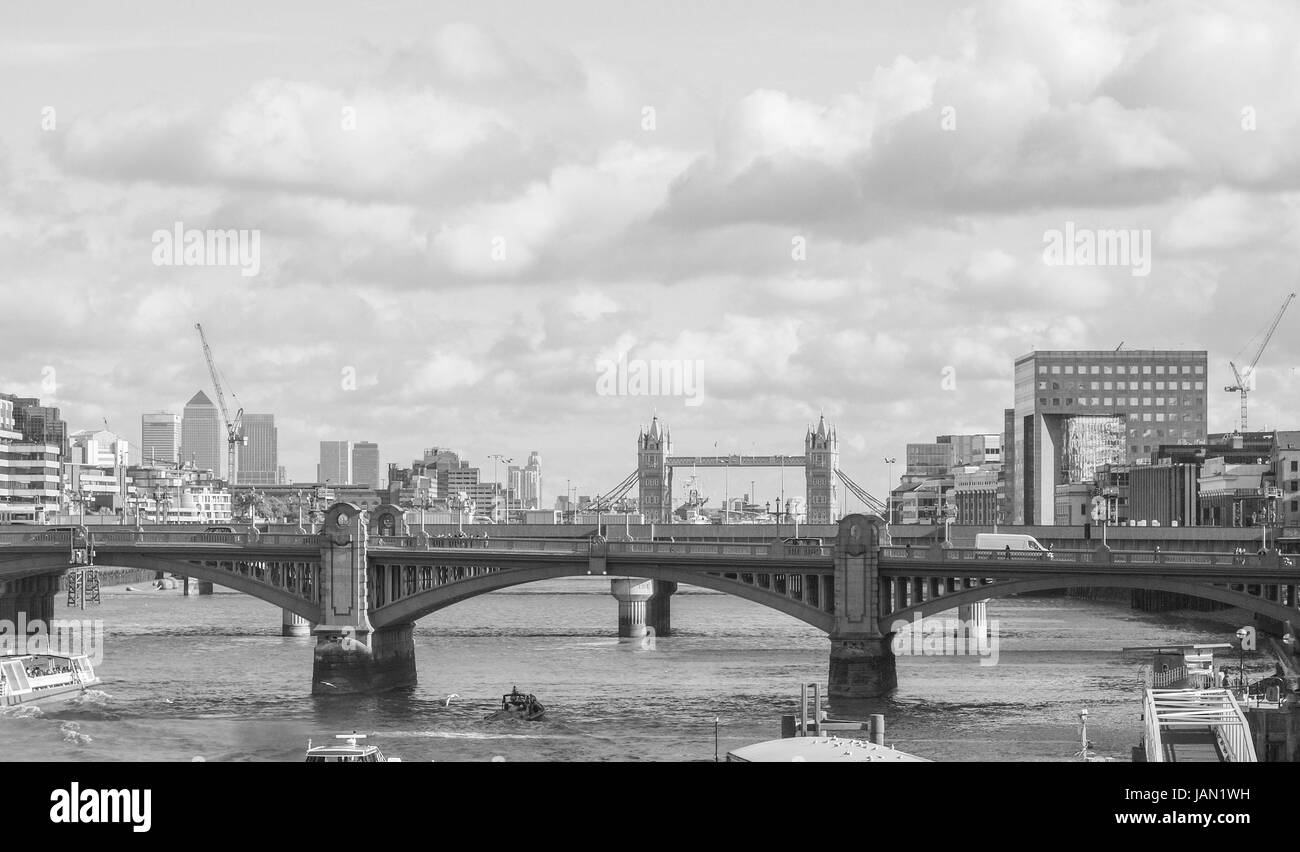 Panoramic view of Thames River London UK in black and white Stock Photo ...
