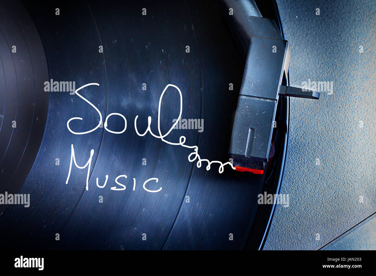 Old and dusty turntable with old vynil seen from above with words 'Soul music' Stock Photo