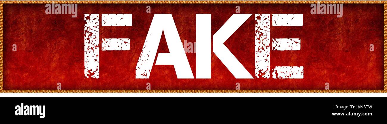 Distressed font text FAKE on red grunge board background. Illustration ...