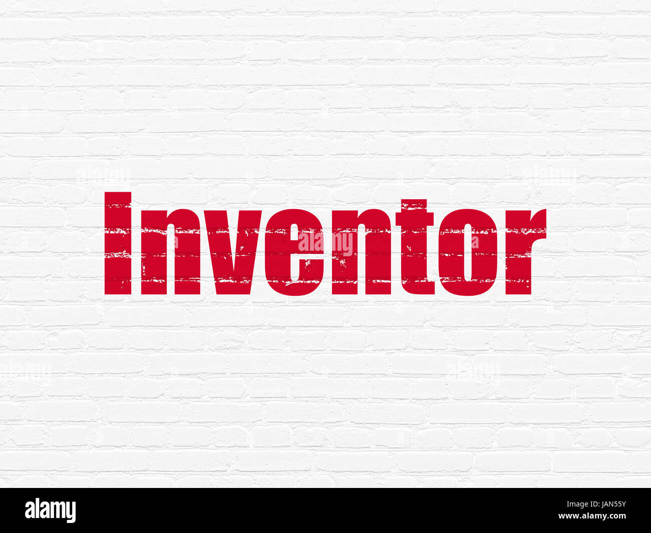 The Inventor Lettering Science concept: Painted red text Inventor on White Brick wall ...