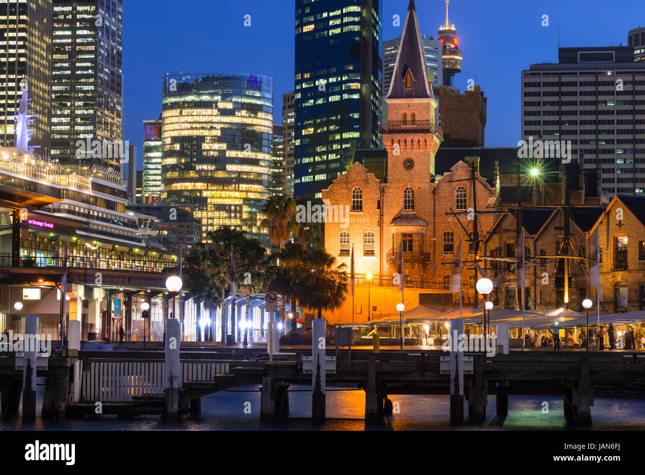 Old warehouses after dark at Campbell's Cove Jetty in Sydney, Australia Stock Photo