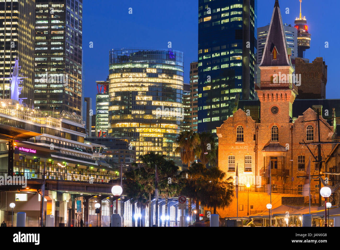 Old warehouses after dark at Campbell's Cove Jetty in Sydney, Australia Stock Photo