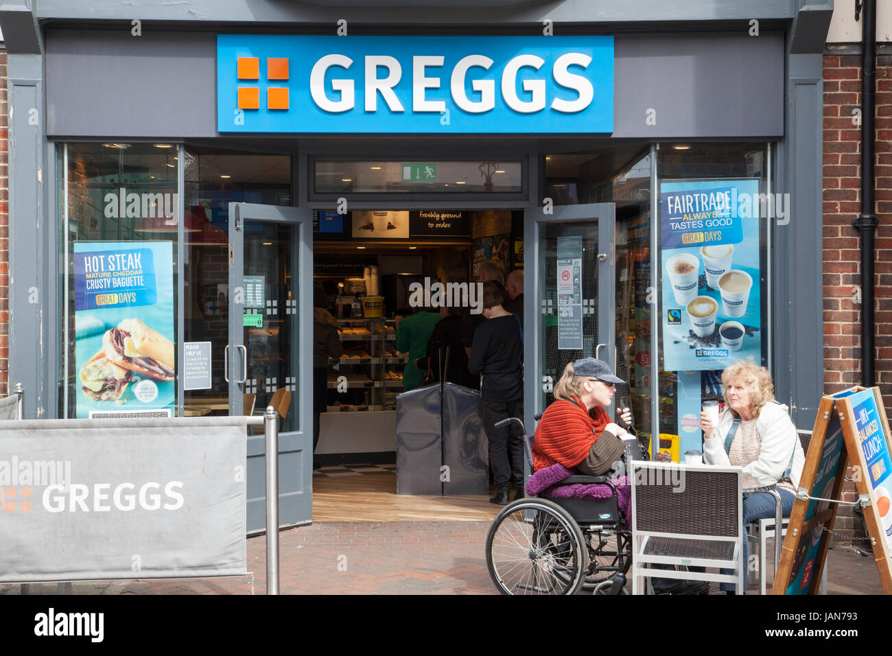 Greggs store shop front, high street store front, wheelchair user