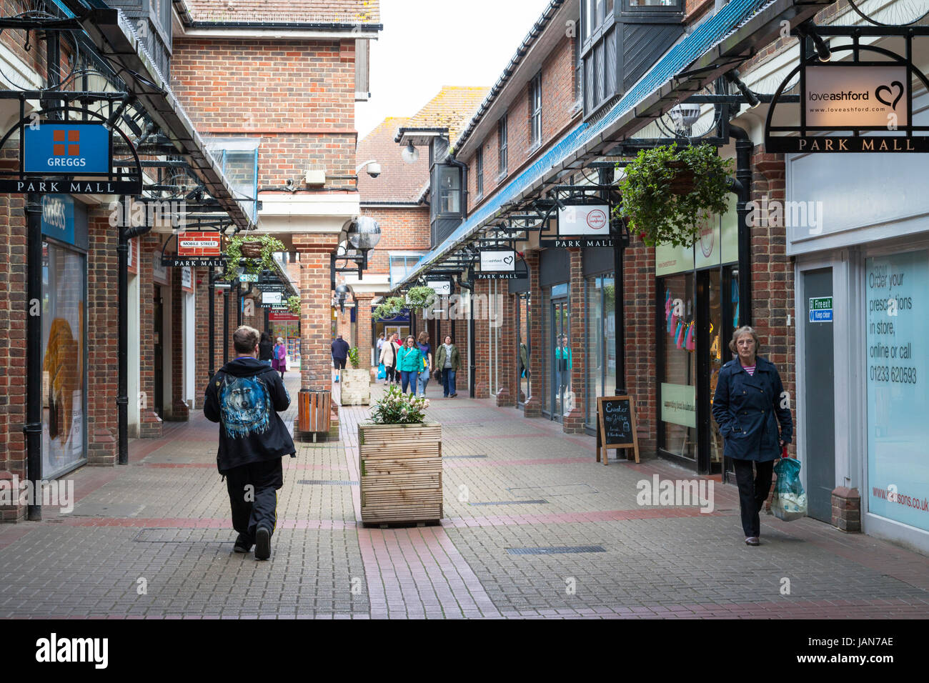 Ashford high street, town centre, people walking in the park mall shopping centre, Ashford, Kent, uk Stock Photo