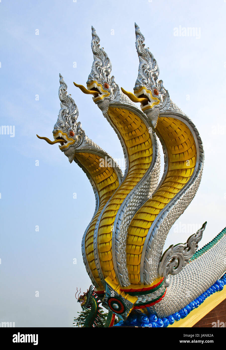 Thai dragon or king of Naga statue with three heads. Stock Photo