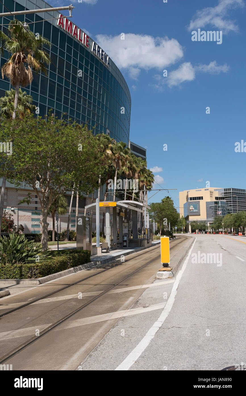 The Amalie Arena on Old Water Street downtown Tampa Florida USA. April 2017. The HSBA streetcar stop and in the distance the History Center Stock Photo