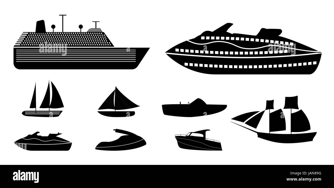 Set of different types of boats for recreation and fishing on river and sea, liners for vacation on ocean. Silhouette Vector Illustration. EPS10 Stock Vector