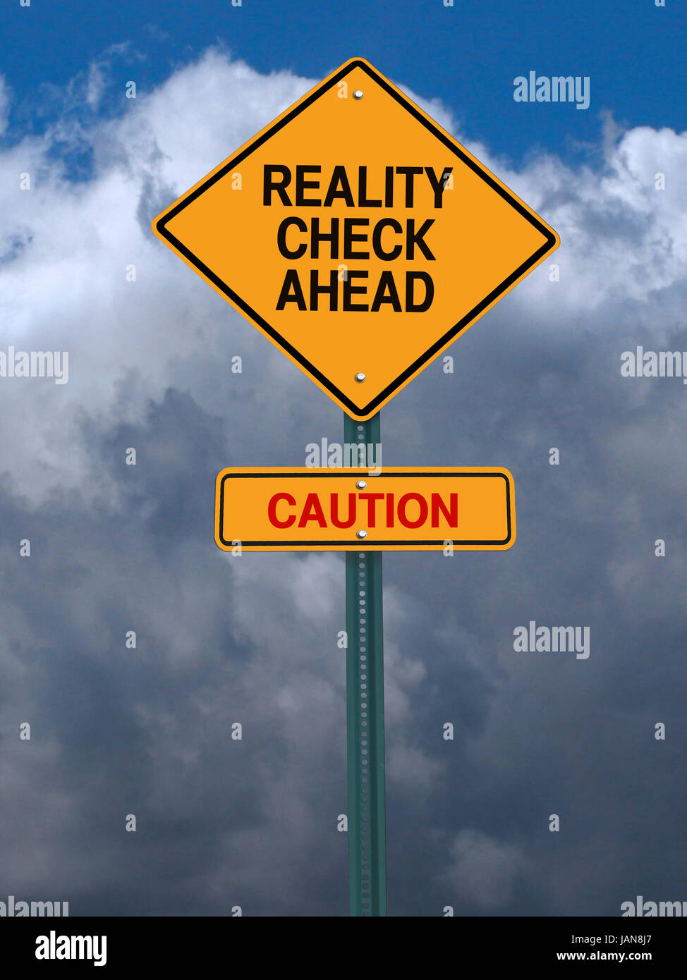 conceptual sign with words reality check ahead caution warning over dark blue sky Stock Photo