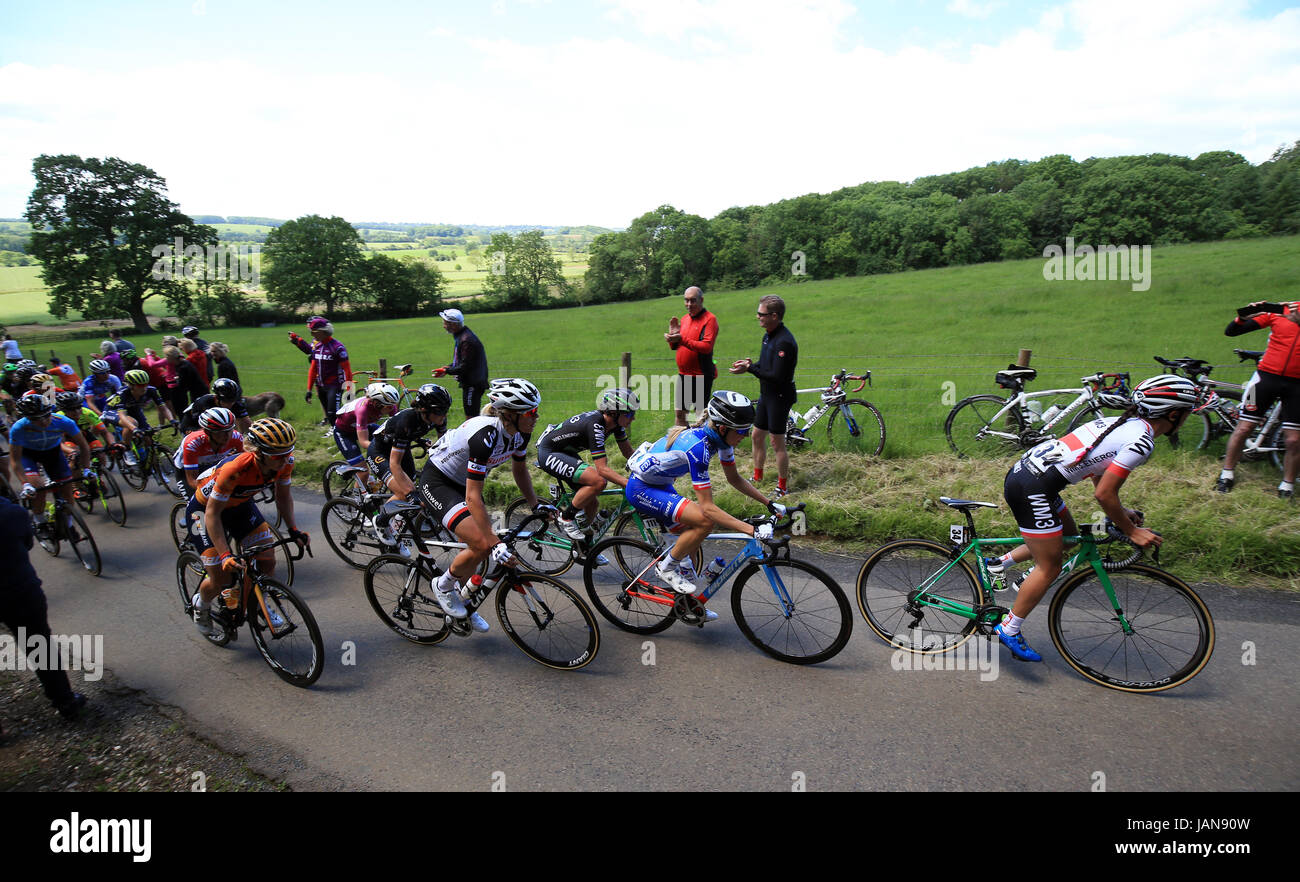 The leaders compete in the SKODA Queen of the Mountains stage one at Haselbech during the Women's Tour of Britain from Daventry to Kettering. Stock Photo