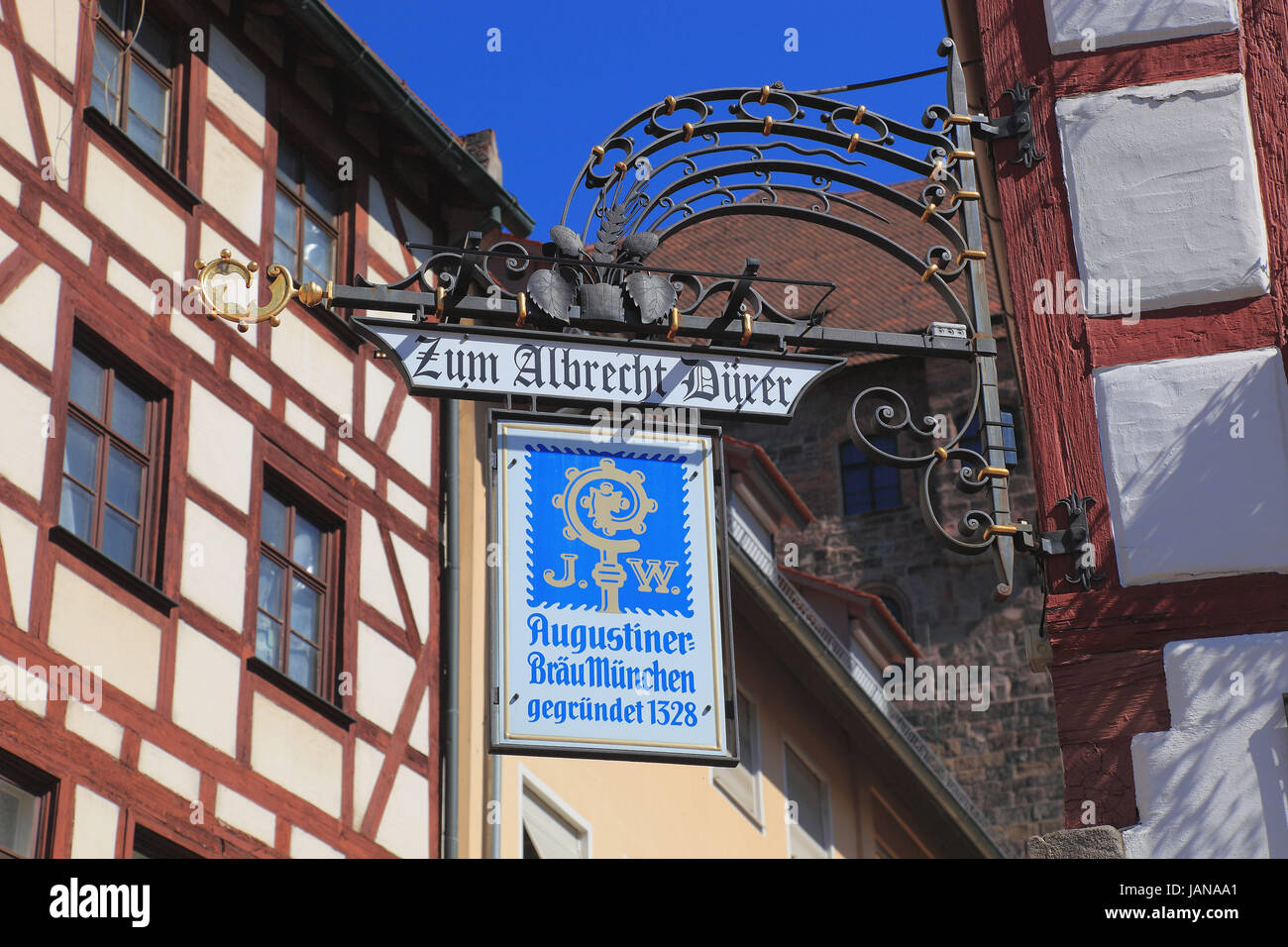 Nuremberg, sign post of a restaurant, Zum Albrecht Duerer und Augustiner Braeu Muenchen at the Tiergaertnertorplatz, Middle Franconia, Bavaria, German Stock Photo