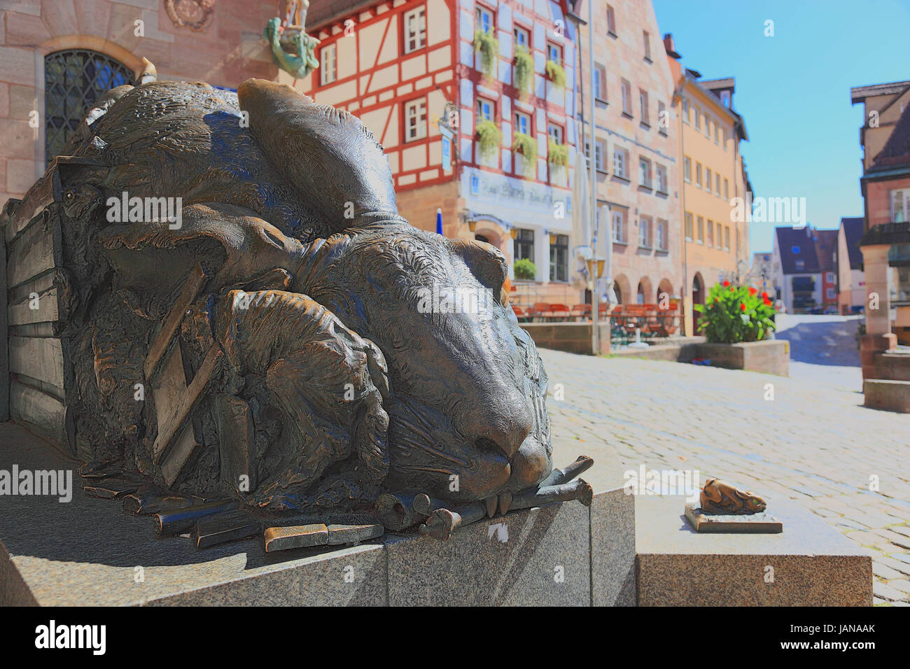 Nuremberg, the sculpture The Hare after an art of Albrecht Duerer made by Juergen Goerk, Tiergaertnertorplatz, Middle Franconia, Bavaria, Germany Stock Photo