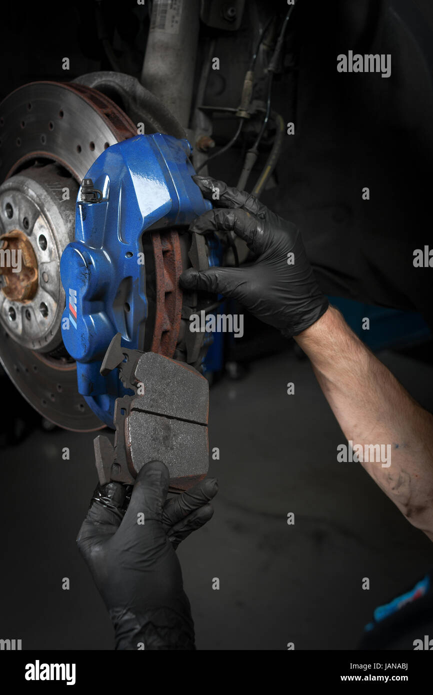 Brake change on BMW M3 to custom sports brakes Stock Photo Alamy