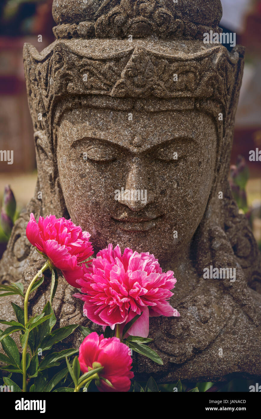 Image of decorative garden statue head with pink peonies. Stock Photo