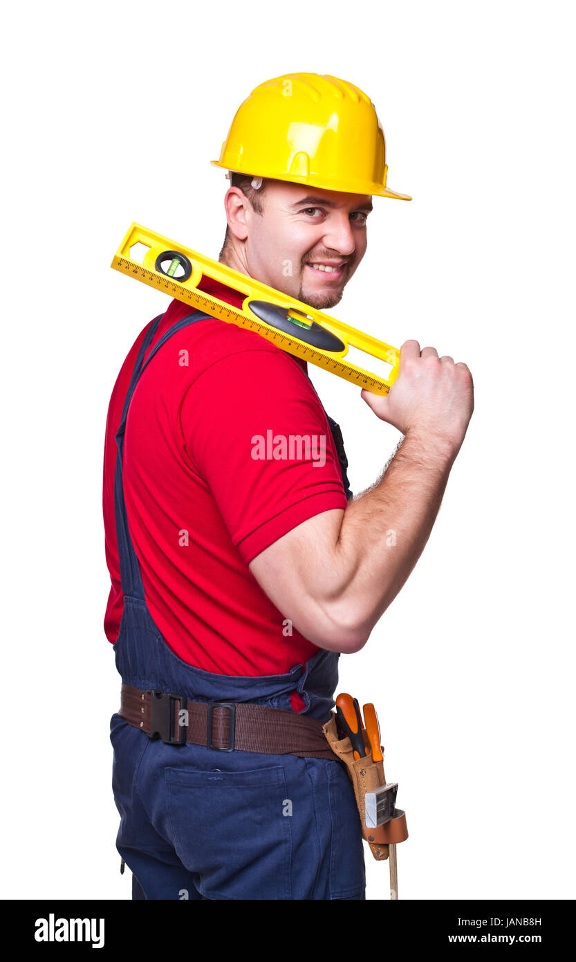 portrait of caucasian handyman isolated on white background Stock Photo
