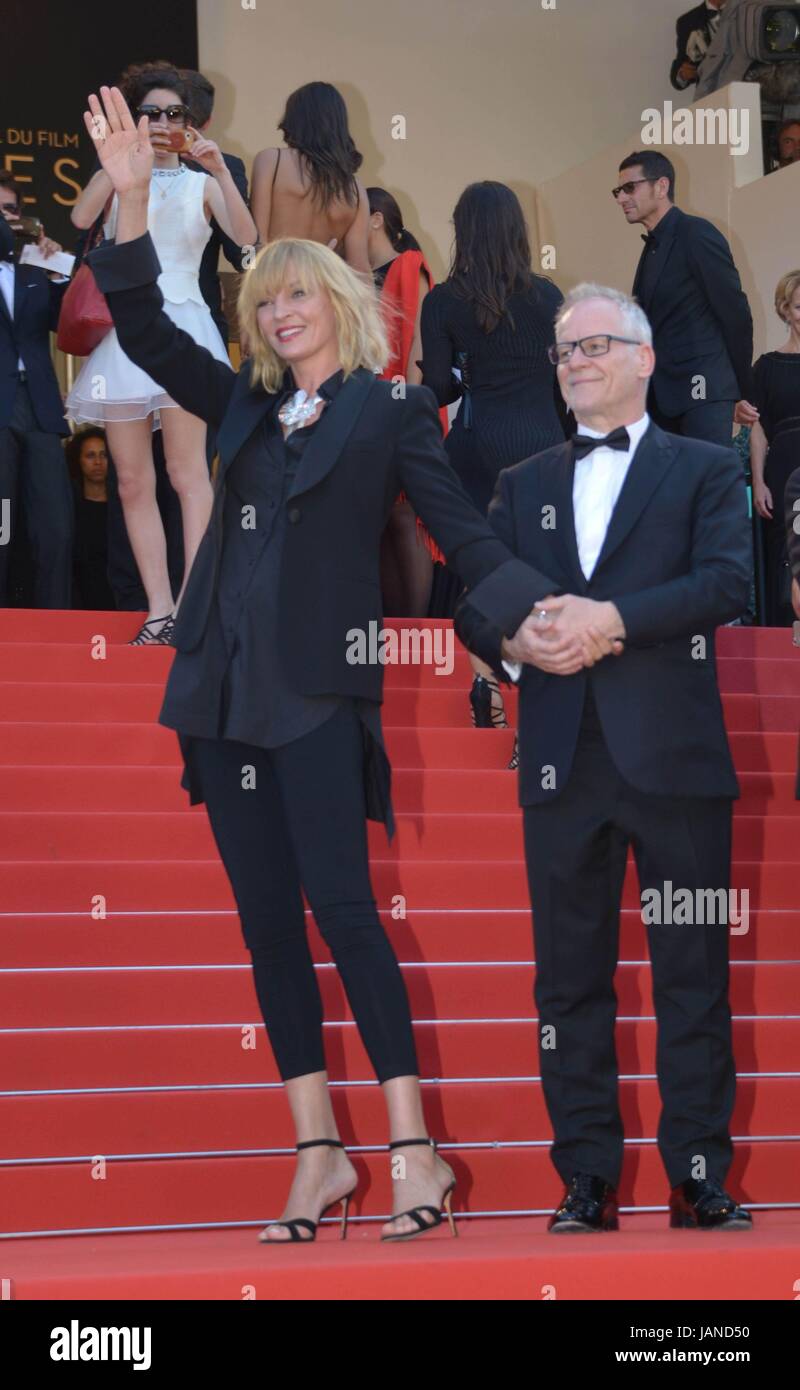 Uma Thurman and Thierry Frémaux (General Delegate of the Festival)  Arriving on the red carpet for the film 'Based on a True Story'  70th Cannes Film Festival  May 27, 2017 Photo Jacky Godard Stock Photo