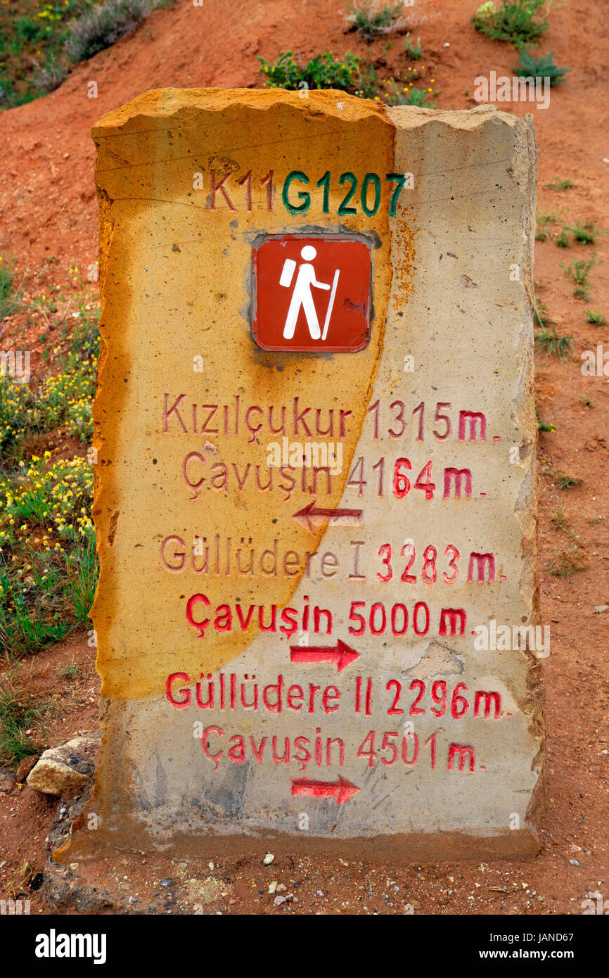 Sign post for various walks around the Red Valley in the Goreme National Park, Cappadocia, Turkey. Stock Photo