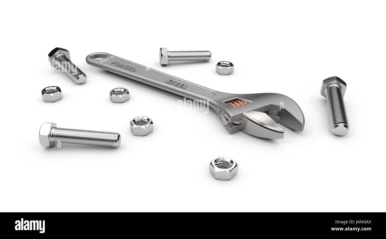 Adjustable wrench nuts and bolts isolated on white background Stock Photo