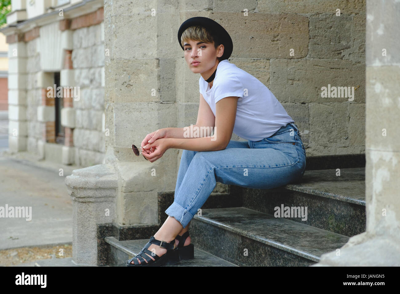 Close Up Portrait Of Female Hipster With Natural Makeup And Short