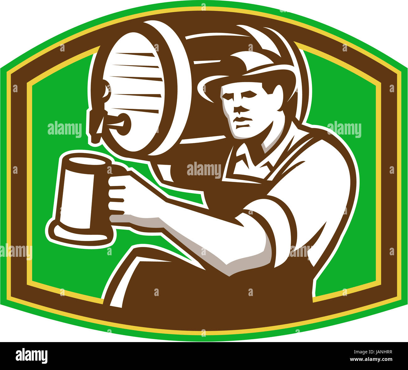 Retro style illustration of a barman barkeeper bartender pouring keg barrel of beer into mug facing front on isolated white background. Stock Photo