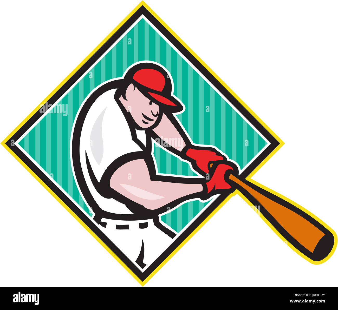 Illustration of a american baseball player batter hitter batting with bat inside diamond shape done in cartoon style isolated on white background. Stock Photo