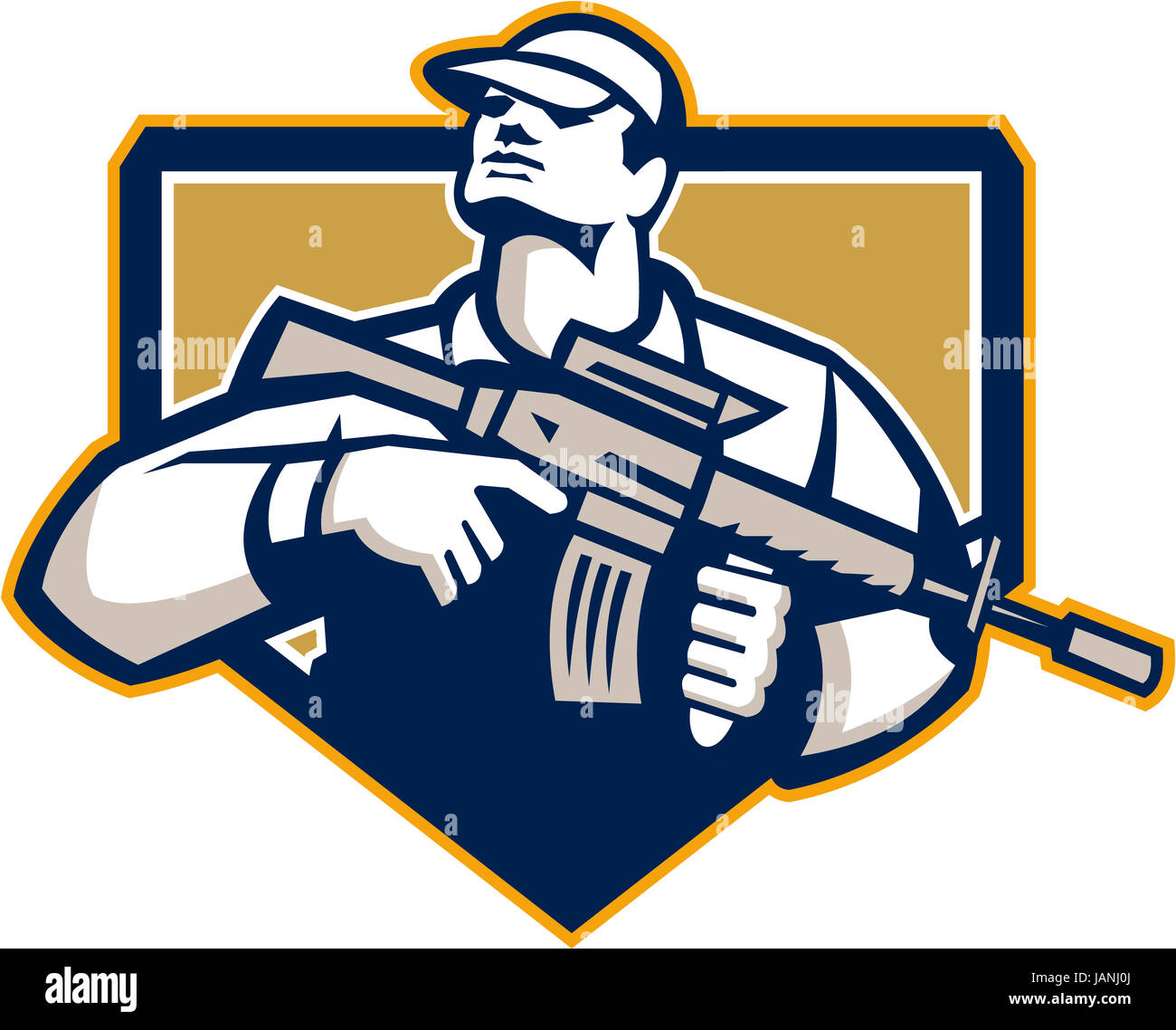 Illustration of an American soldier serviceman with assault rifle facing front looking up set inside shield crest on isolated white background. Stock Photo