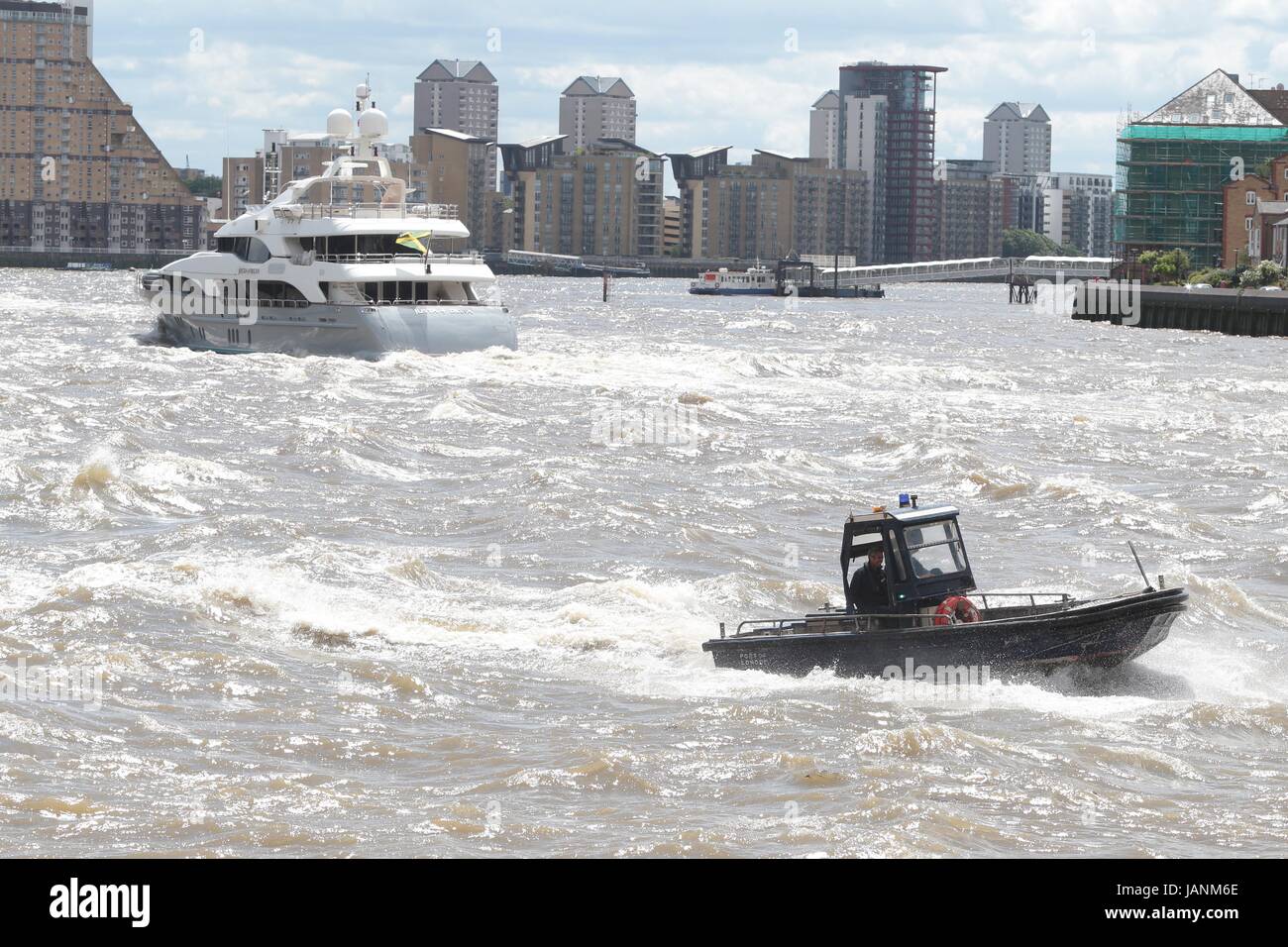 Port of London Authority launch on a choppy River Thames Stock Photo